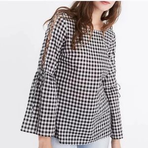 Madewell Gingham Lace Up Bell Sleeve Top Size Small Black Cream Plaid Check